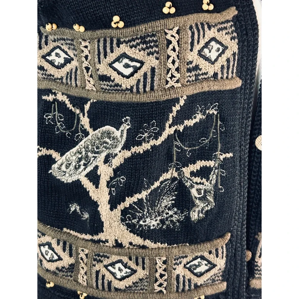 Sharon Young Sportswear Safari Animal Knit Vest‎ Black Peacock Zebra Giraffe Vtg
